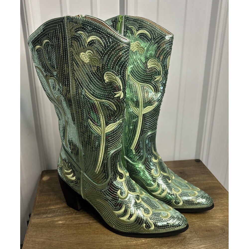 Green Sequin Cowgirl Boots Size 11 New
